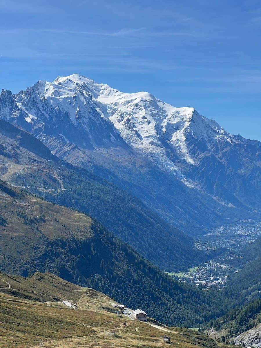 Snow-capped mountain towering over a deep valley with a town nestled below, clear blue sky.